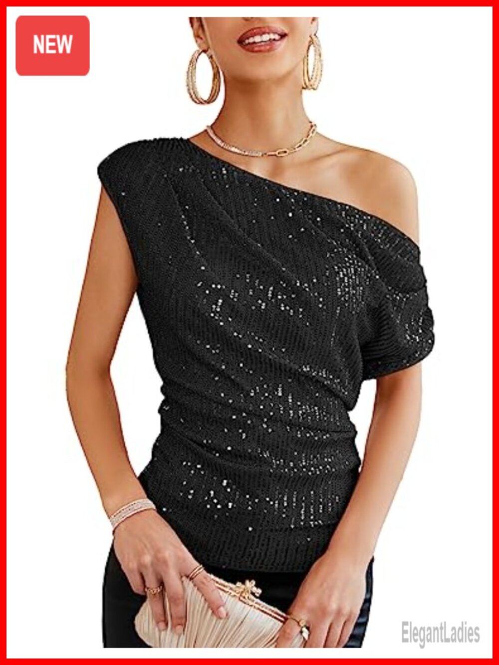 One Shoulder Sequin Sparkly Tops Ruched Asymmetrical Glitter Top